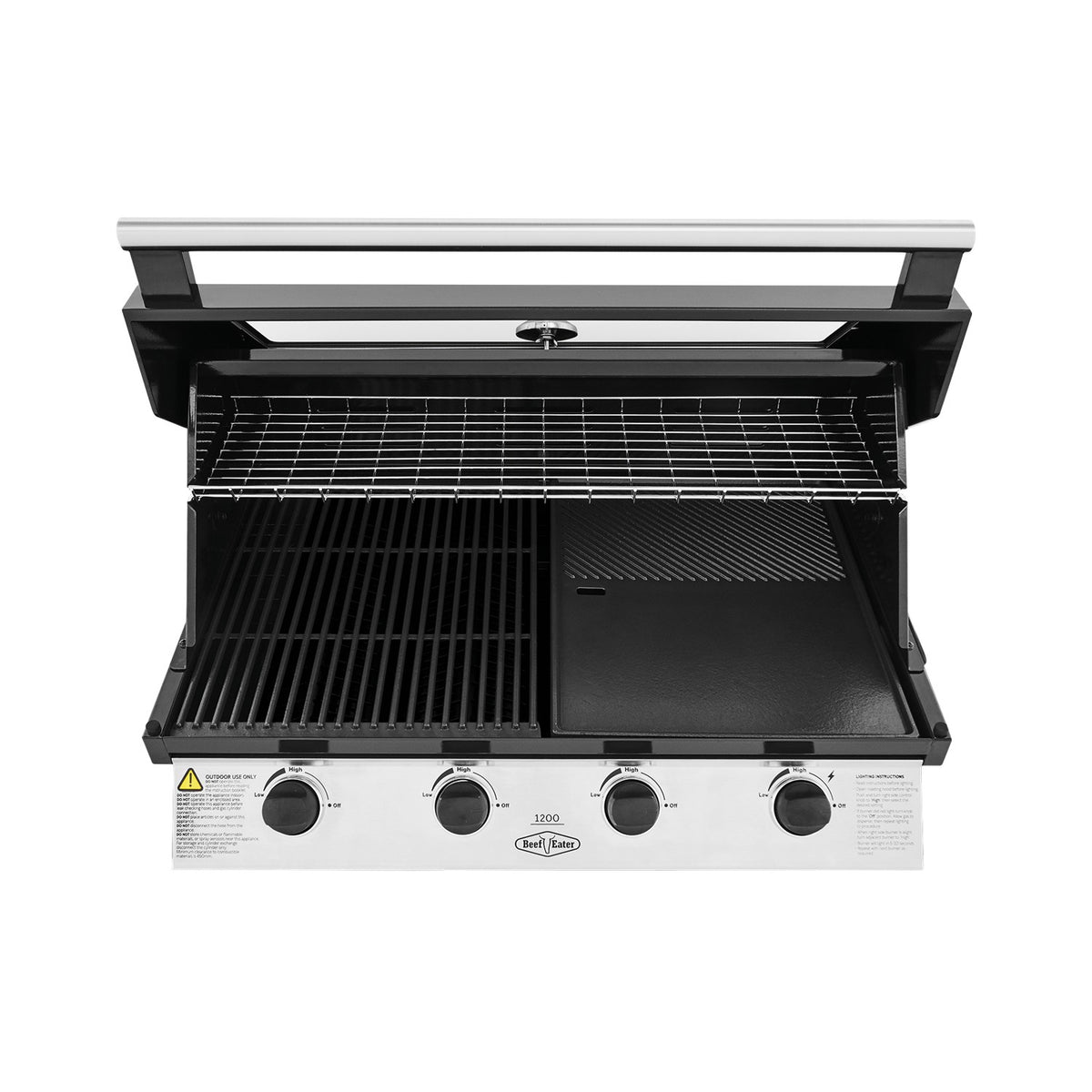 BeefEater 1200E 4 burner built-in gas barbecue with the hood open, showing the grill and hotplate