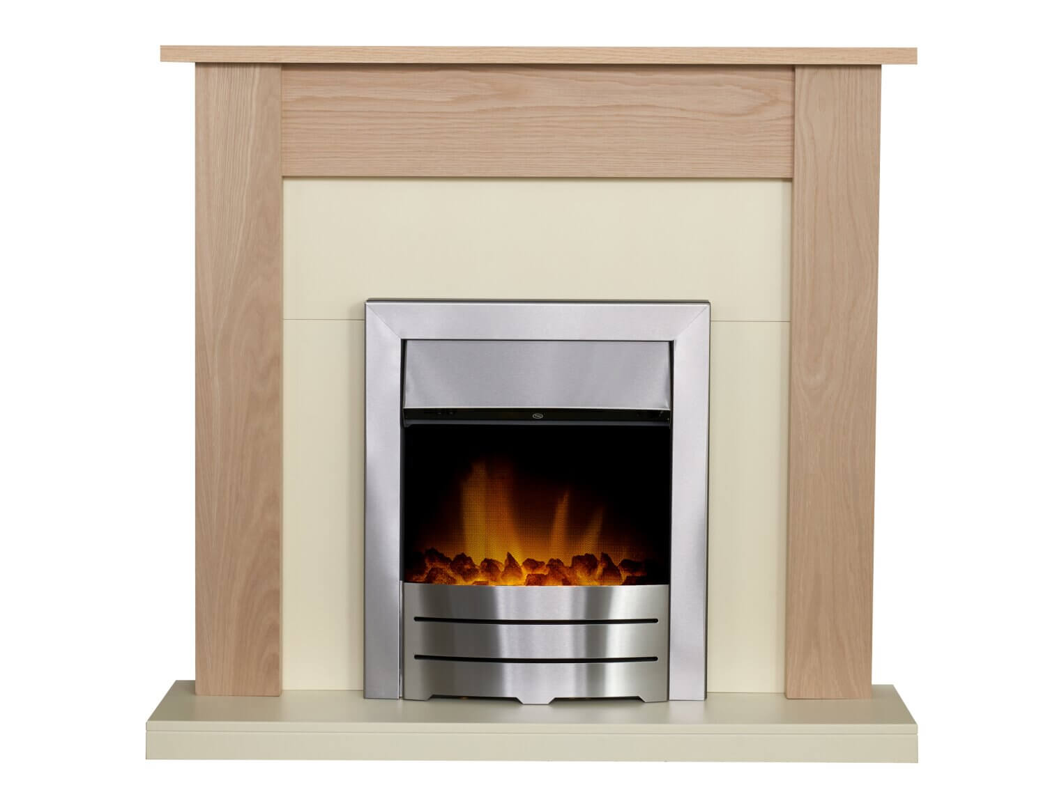 Adam Southwold Fireplace in Oak & Cream with Colorado Electric Fire in Brushed Steel - Glowing Flames