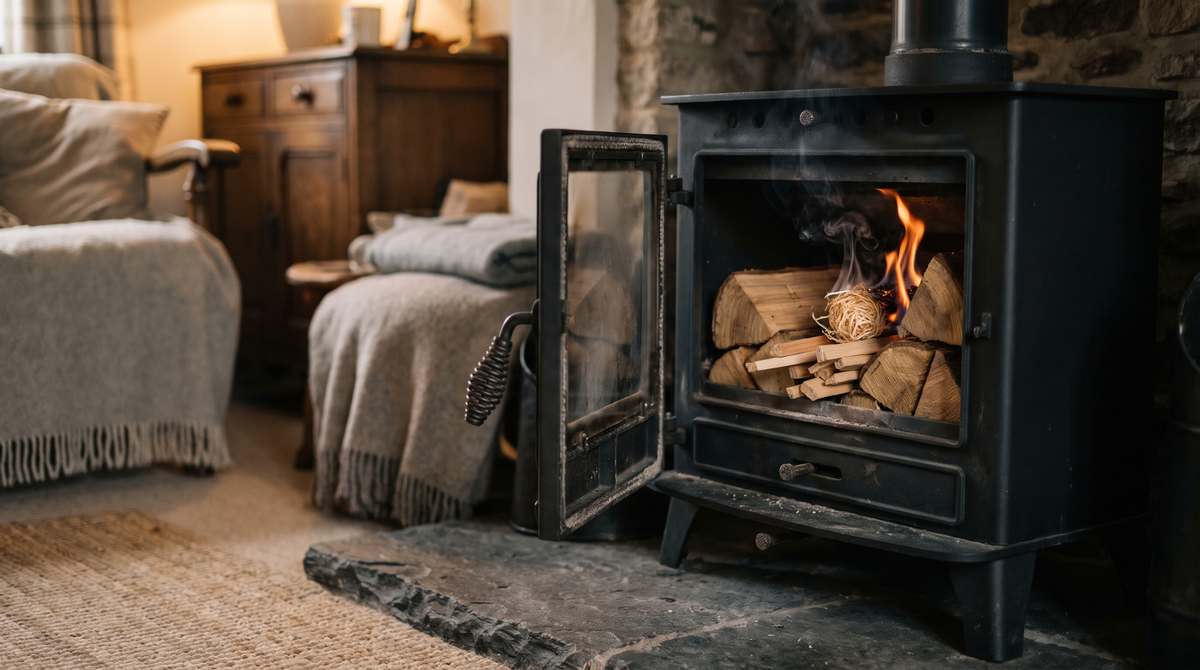 Close-up of a black cast iron wood burning stove with its door open, a neat top-down fire lay of split hardwood logs
