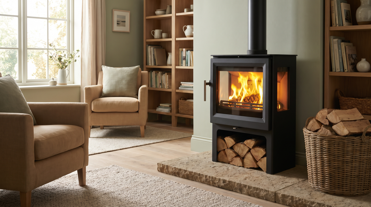 A contemporary black wood burning stove burning cleanly with clear glass and bright flames on a stone hearth