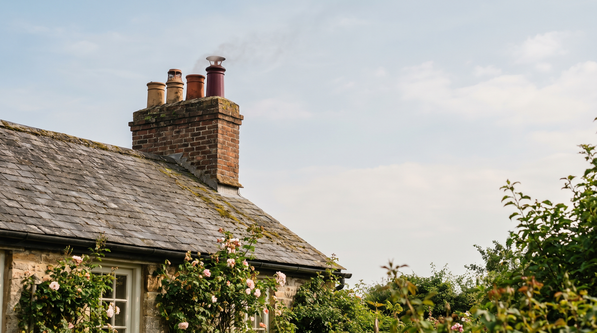 Traditional brick chimney stack with terracotta pots on a grey slate roof of a British house against a soft blue sky