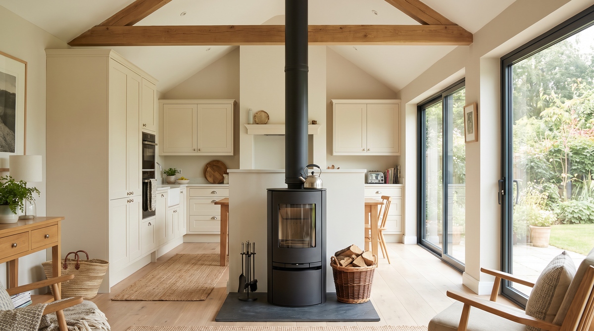 A modern black wood burning stove with a twin wall flue rising through a vaulted ceiling in a bright kitchen extension