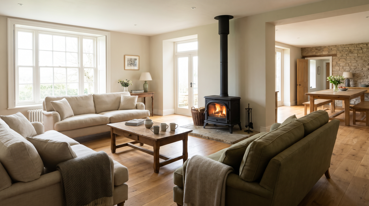 Spacious open-plan British living room with a mid-sized black wood burning stove lit on a stone hearth