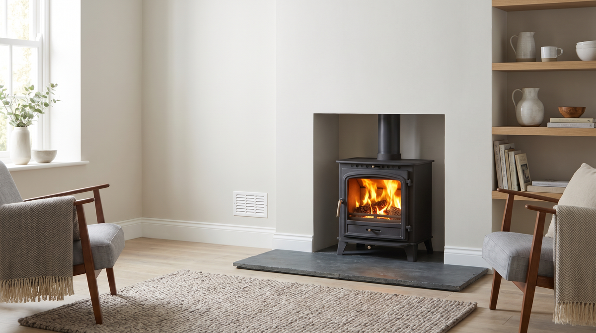 A lit wood burning stove on a slate hearth in a modern British living room, with an air vent on the wall nearby