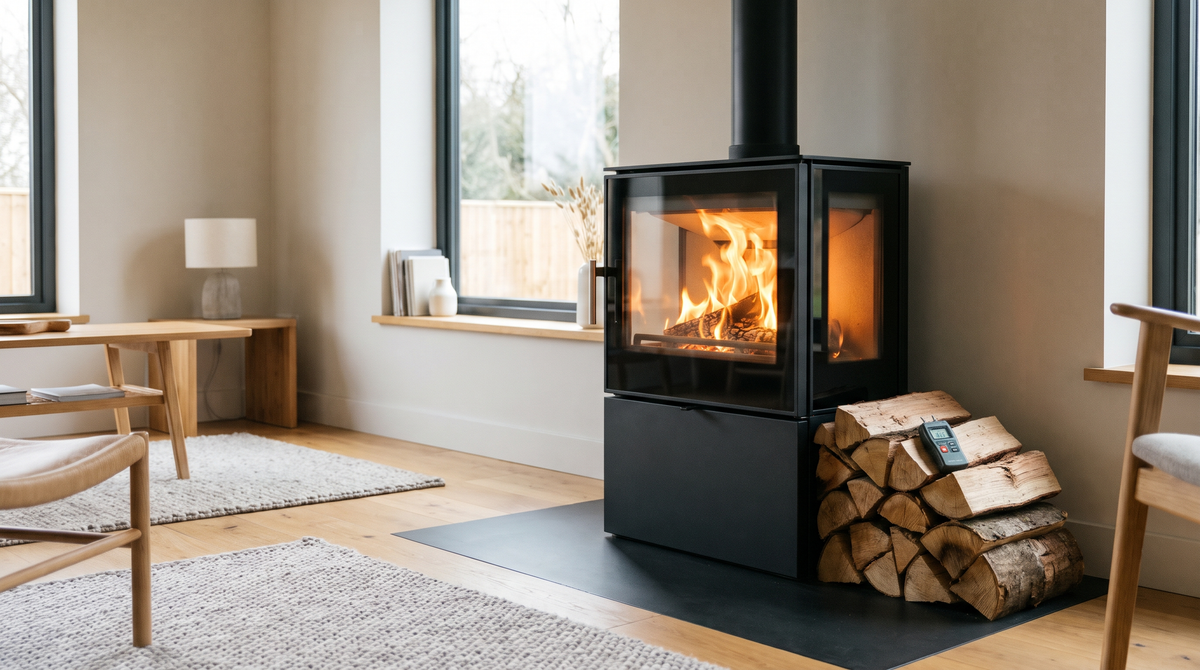 A clean-burning modern wood burning stove with crisp flames and clear glass beside a stack of dry seasoned logs