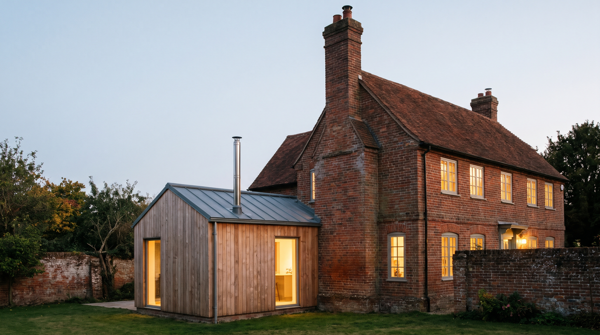 A British brick house at dusk with a traditional chimney stack, and an extension with a slim stainless steel flue