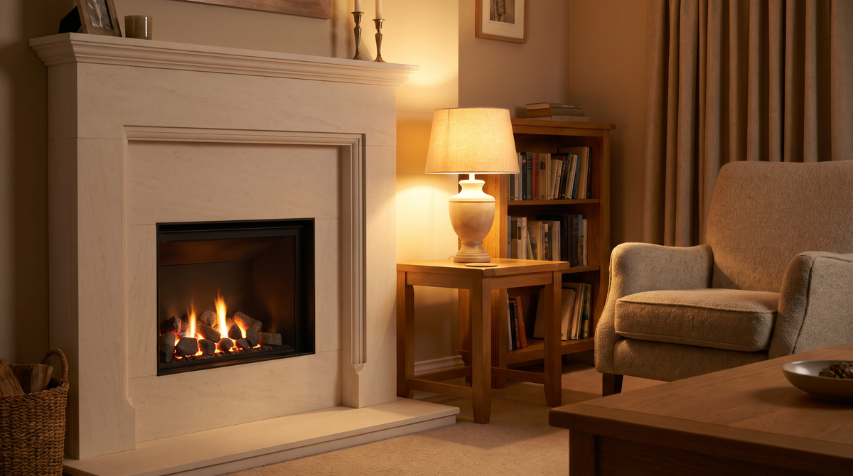 A slimline inset gas fire with a glowing coal-effect fuel bed set into a white stone fireplace surround