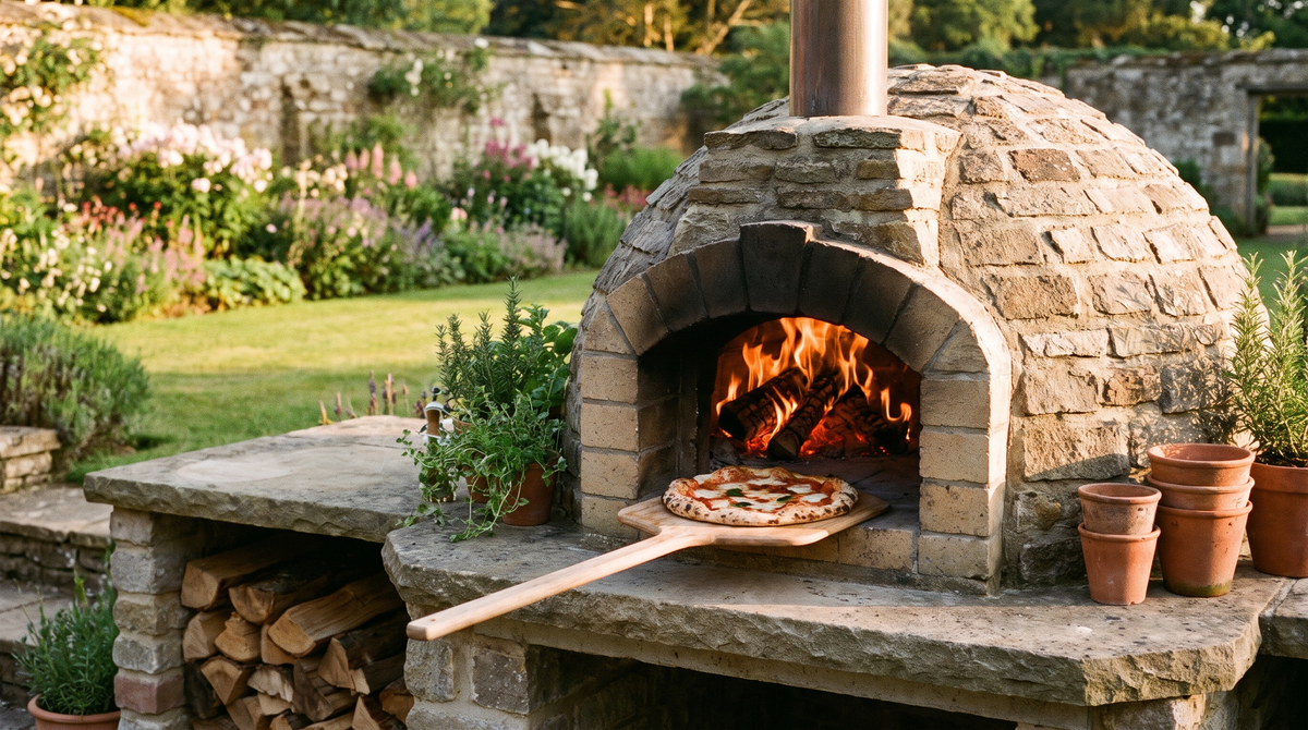 A domed outdoor pizza oven with a live wood fire inside and a Neapolitan pizza on a peel at the mouth