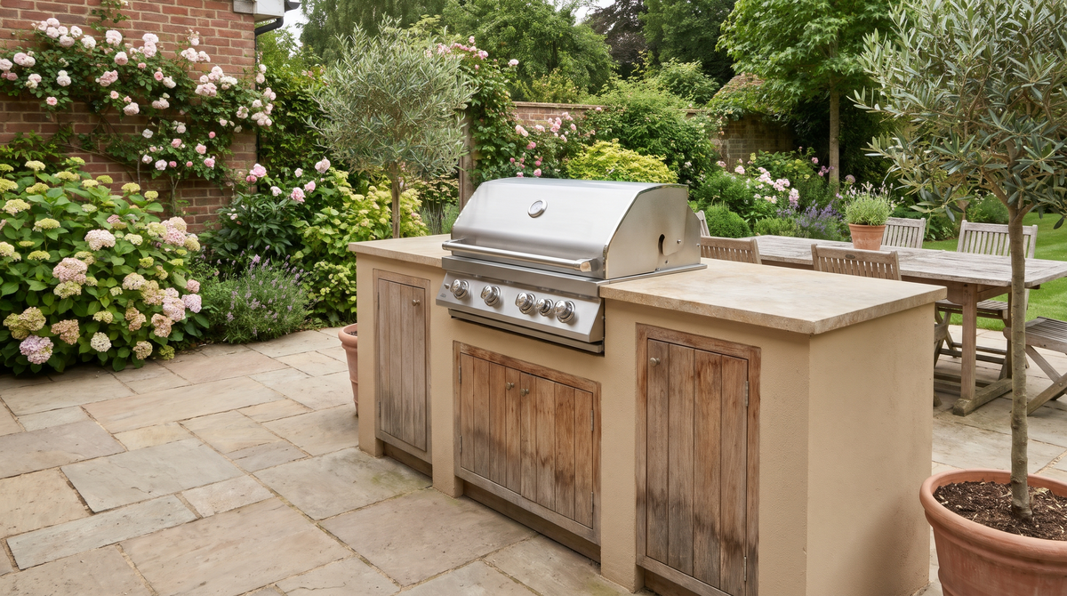 A stainless steel built-in gas barbecue set into a rendered outdoor kitchen island with a stone worktop and cupboard doors