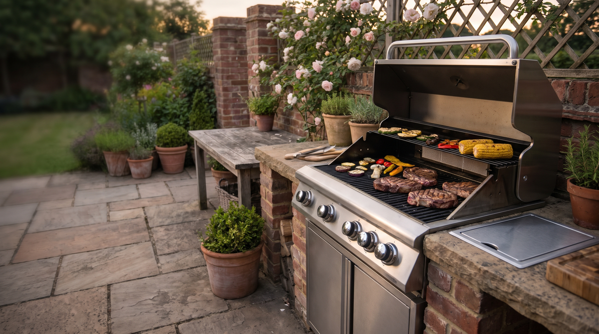 Stainless steel built-in gas barbecue with the hood open, steaks, vegetables and corn cooking across a large grill