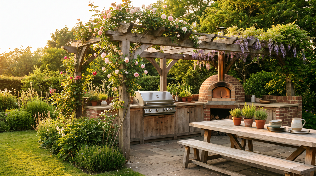 A complete outdoor kitchen with a built-in barbecue, pizza oven and stone worktops under a timber pergola