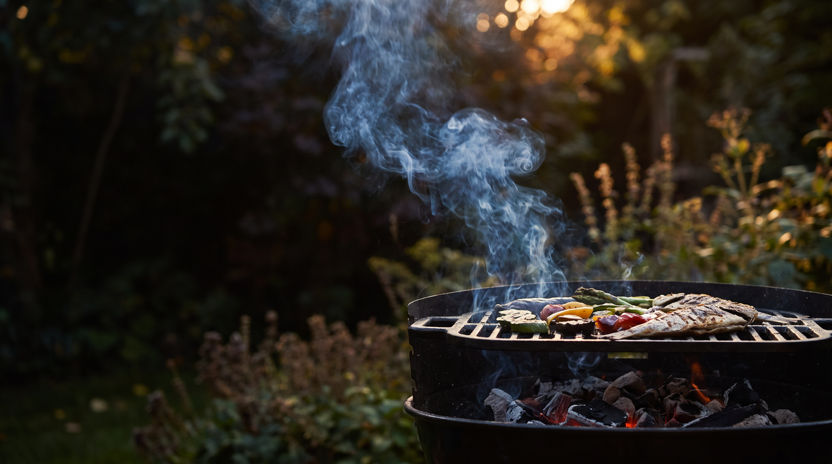 Close-up of thin, faint blue smoke rising from a charcoal barbecue with food cooking on the grill