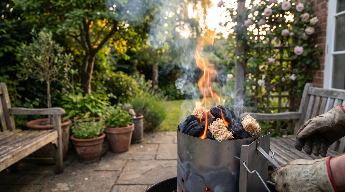 Lighting a charcoal barbecue with a chimney starter and natural wood-wool firelighters