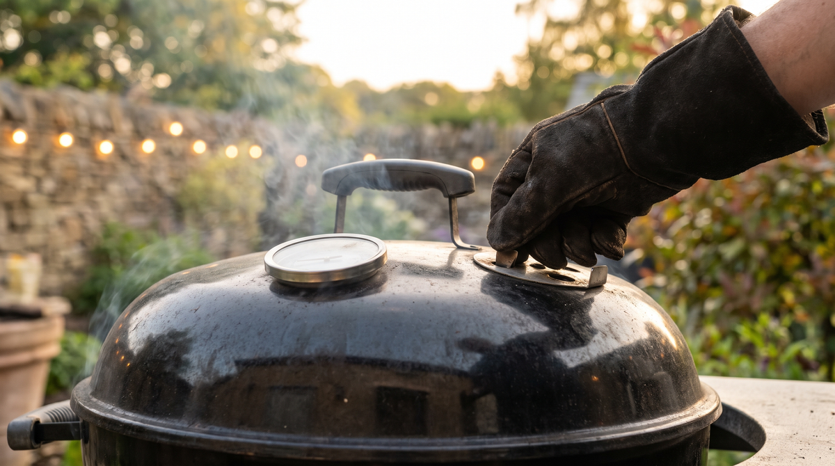 A gloved hand adjusting the lid vent of a black kettle charcoal barbecue with a lid thermometer