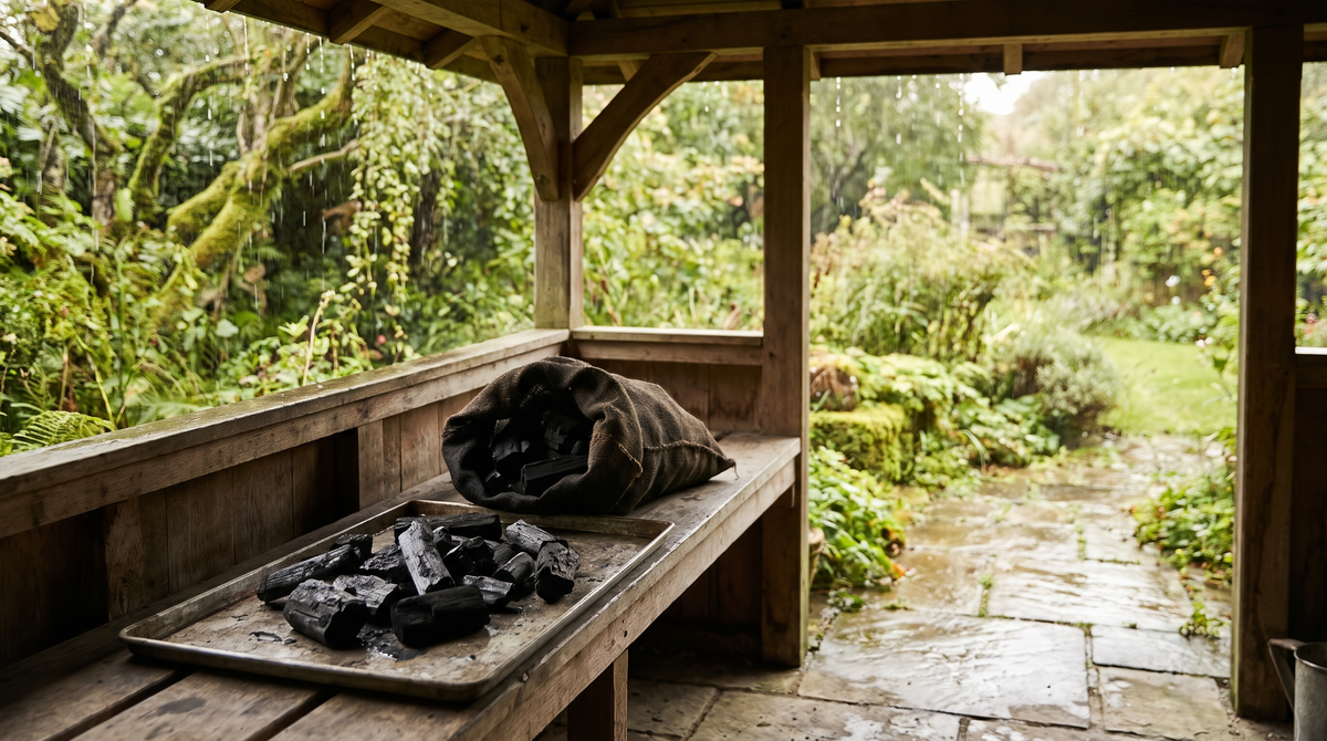 Pieces of lumpwood charcoal drying on a metal tray beside an open charcoal bag under a covered garden shelter on a rainy day