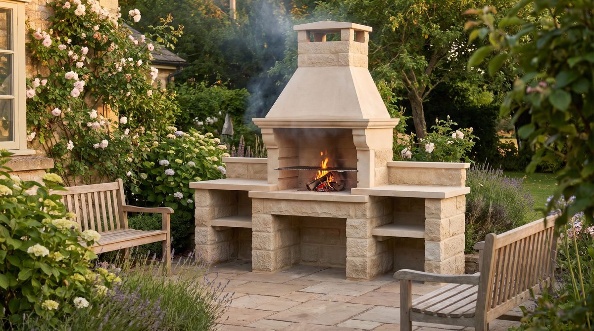 A newly built light stone masonry barbecue with a chimney hood and side work surfaces in a British garden