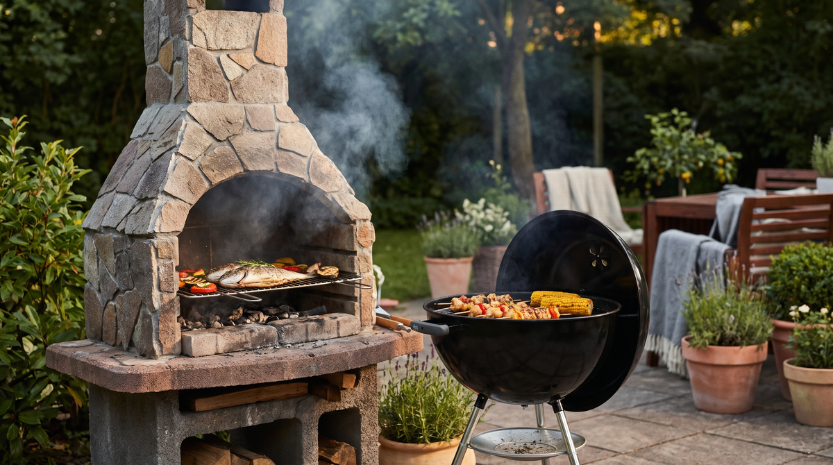 A stone masonry barbecue with a tall chimney next to a black steel kettle barbecue on a garden patio, food cooking on both