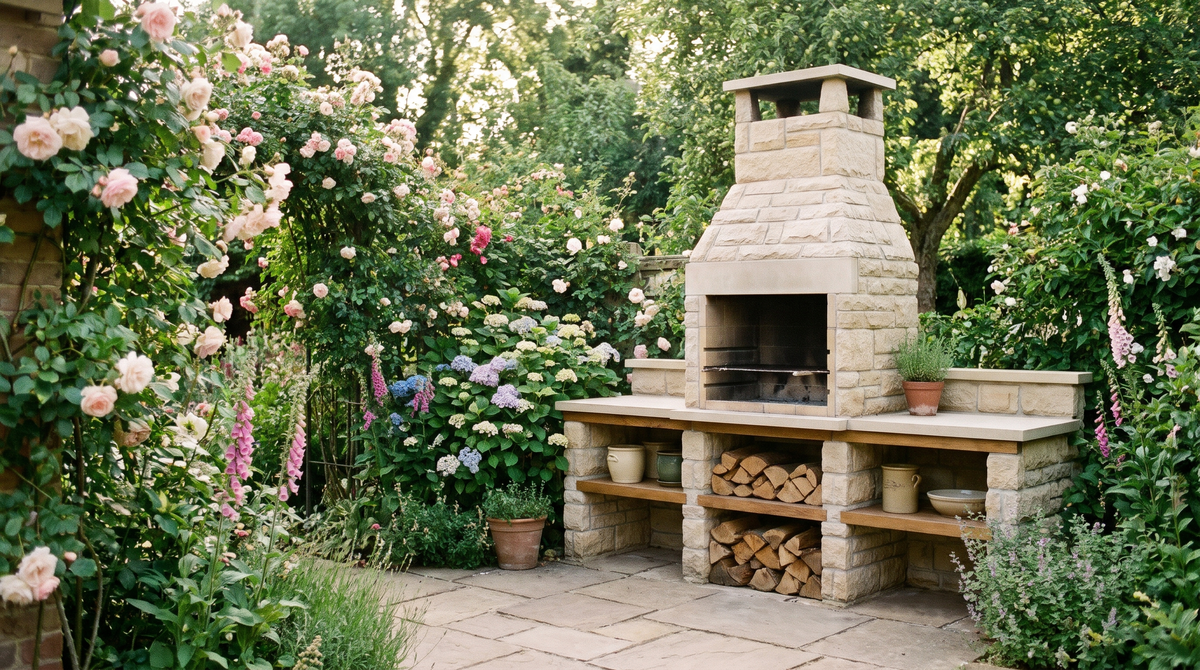 A light stone masonry barbecue with a chimney and side shelves on a paved patio in a British garden
