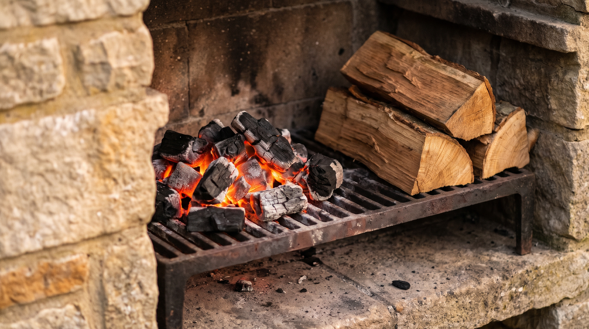 Glowing lumpwood charcoal on the grate of a stone masonry barbecue with split hardwood logs beside it