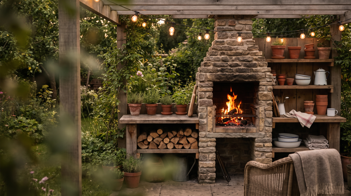 A stone masonry barbecue as the centrepiece of a simple outdoor kitchen with a timber worktop and festoon lights