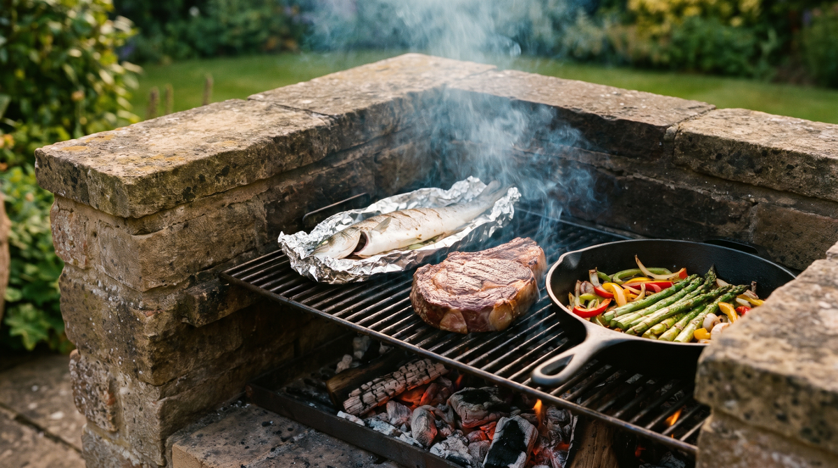 Steak, fish wrapped in foil, vegetables and a cast iron pan cooking on the grill of a stone masonry barbecue