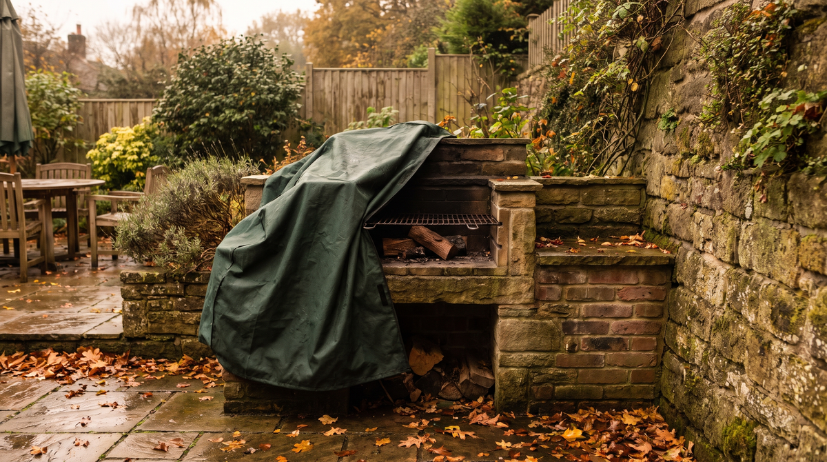 A stone masonry barbecue in a British garden in autumn with a fitted protective cover partly pulled back