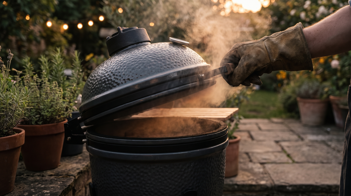 A gloved hand lifting the lid of a charcoal barbecue slowly, letting a puff of heat and smoke escape