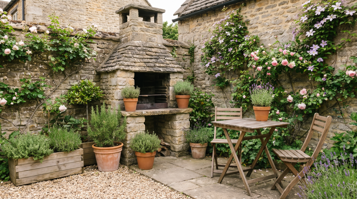 A compact stone masonry barbecue in the corner of a small walled British courtyard garden