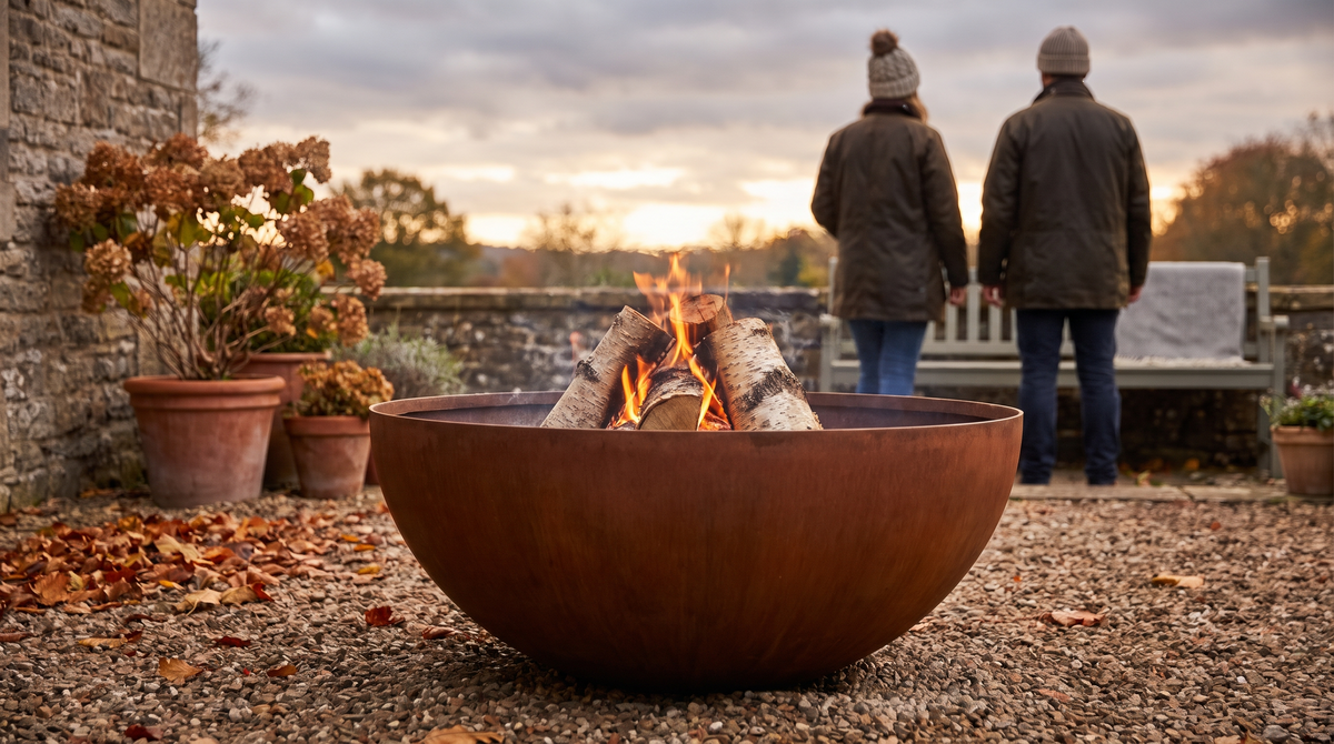 A round steel fire pit bowl with a warm natural rust patina on a gravel garden terrace, logs burning, autumn evening