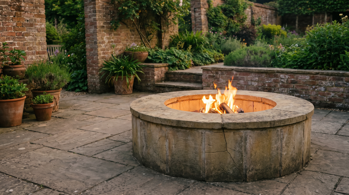 A circular stone built-in fire pit with a fine hairline crack in one block, a low fire burning inside