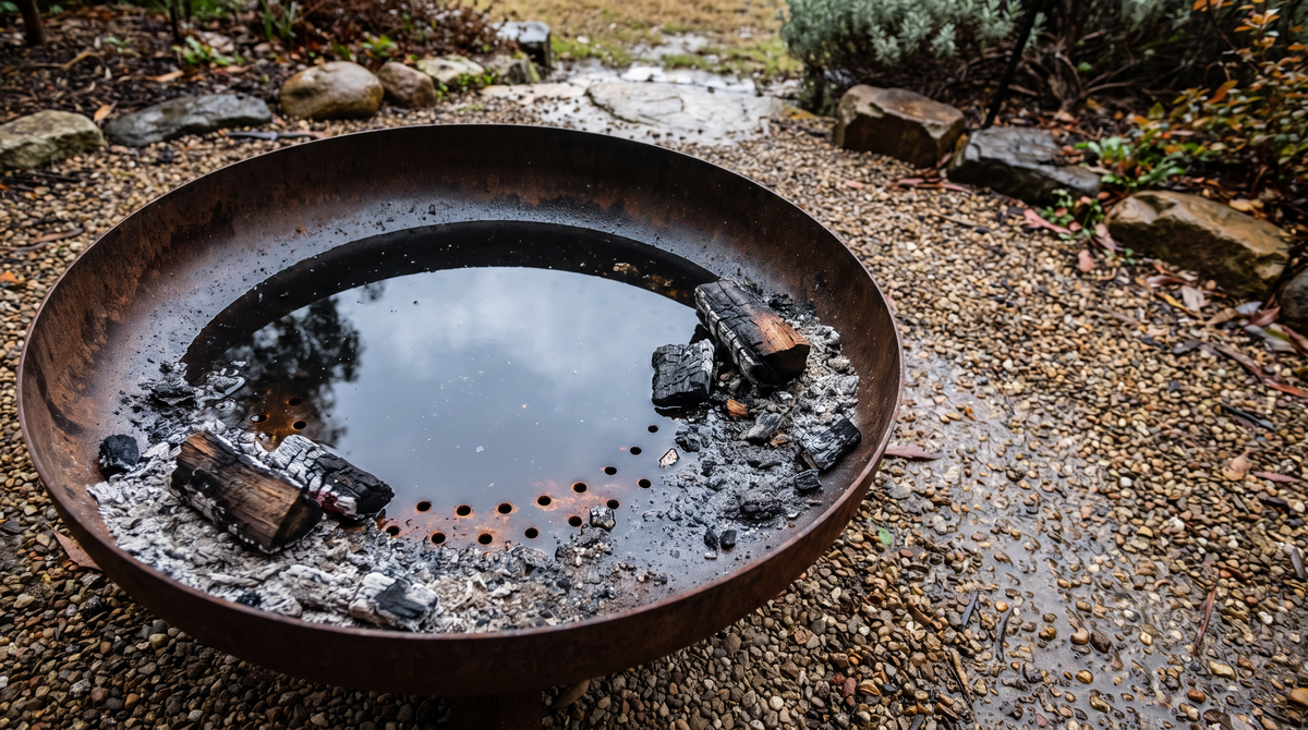 A steel fire pit after rain with water pooled in the bowl over grey ash and charcoal, small drainage holes visible