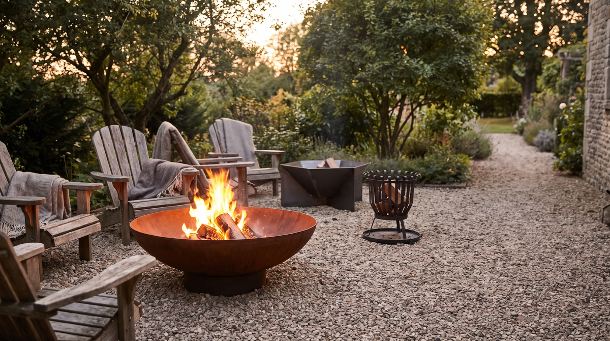 Three steel fire pits of different sizes and styles on a gravel garden terrace at dusk, one lit with logs