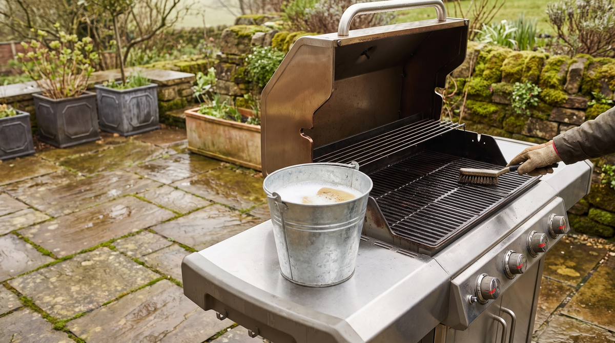 A stainless steel gas barbecue with its hood open on a damp stone patio, the grill being scrubbed clean