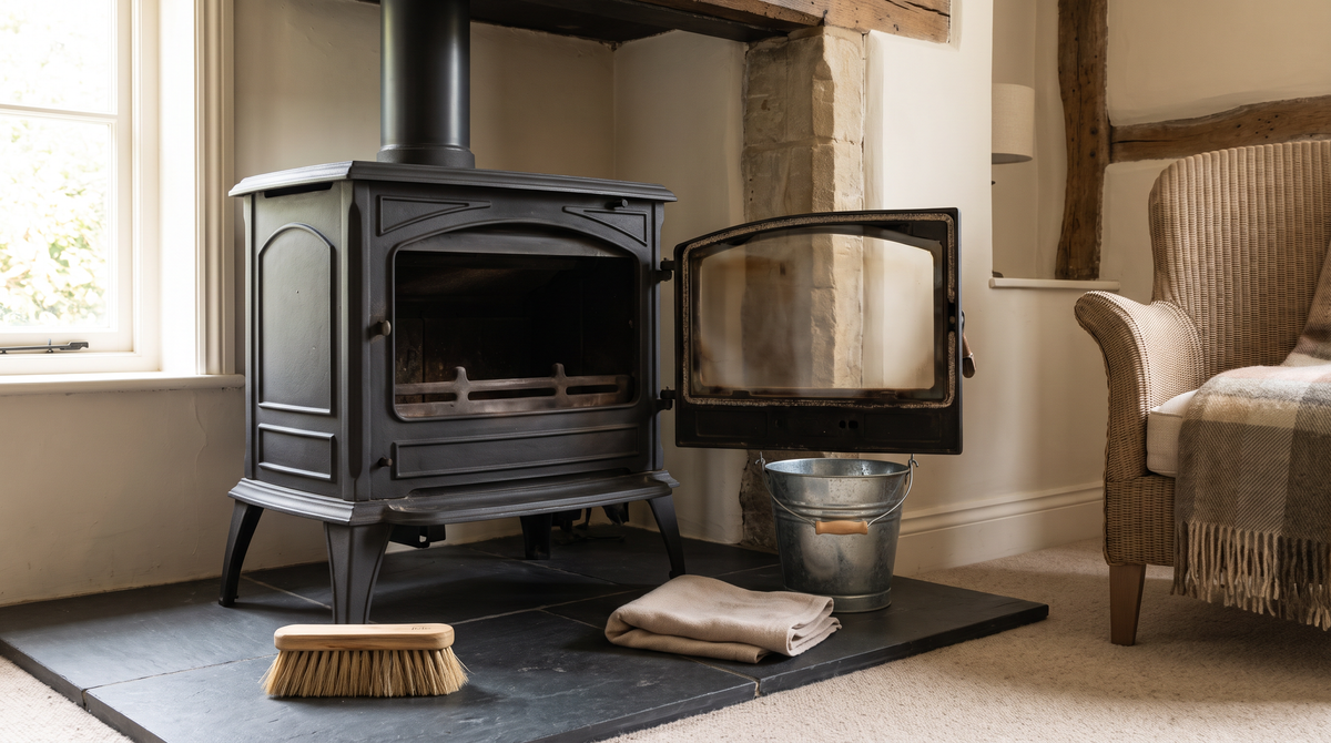A cold black wood burning stove with its door open on a slate hearth, with a brush, ash bucket and cloth