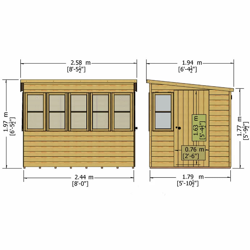 8x6 Sun Pent Potting Shed measurement