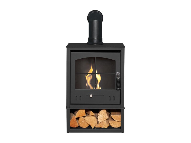 OKO S2 Bio Ethanol Stove in Charcoal Grey Log Store and Pipe