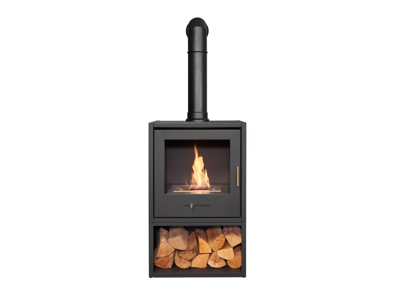 OKO S3 Bio Ethanol Stove in Charcoal Grey Log Storage & Tall Angled Stove Pipe