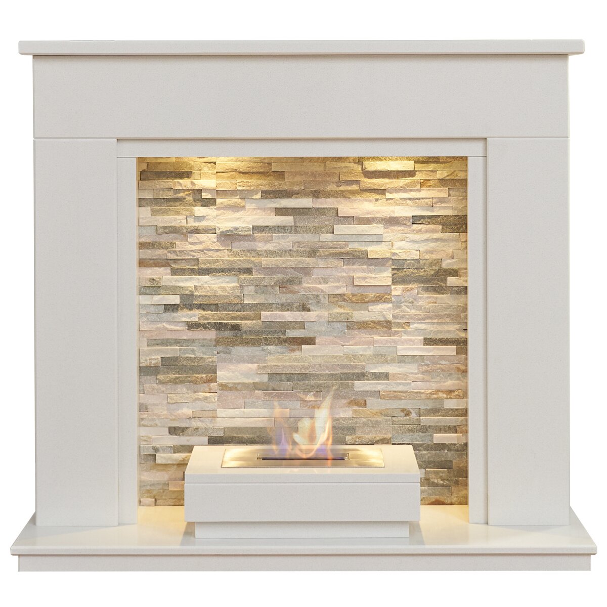 Acantha Amalfi White Marble Stove Fireplace with Downlights, With Altea bioethanol burner