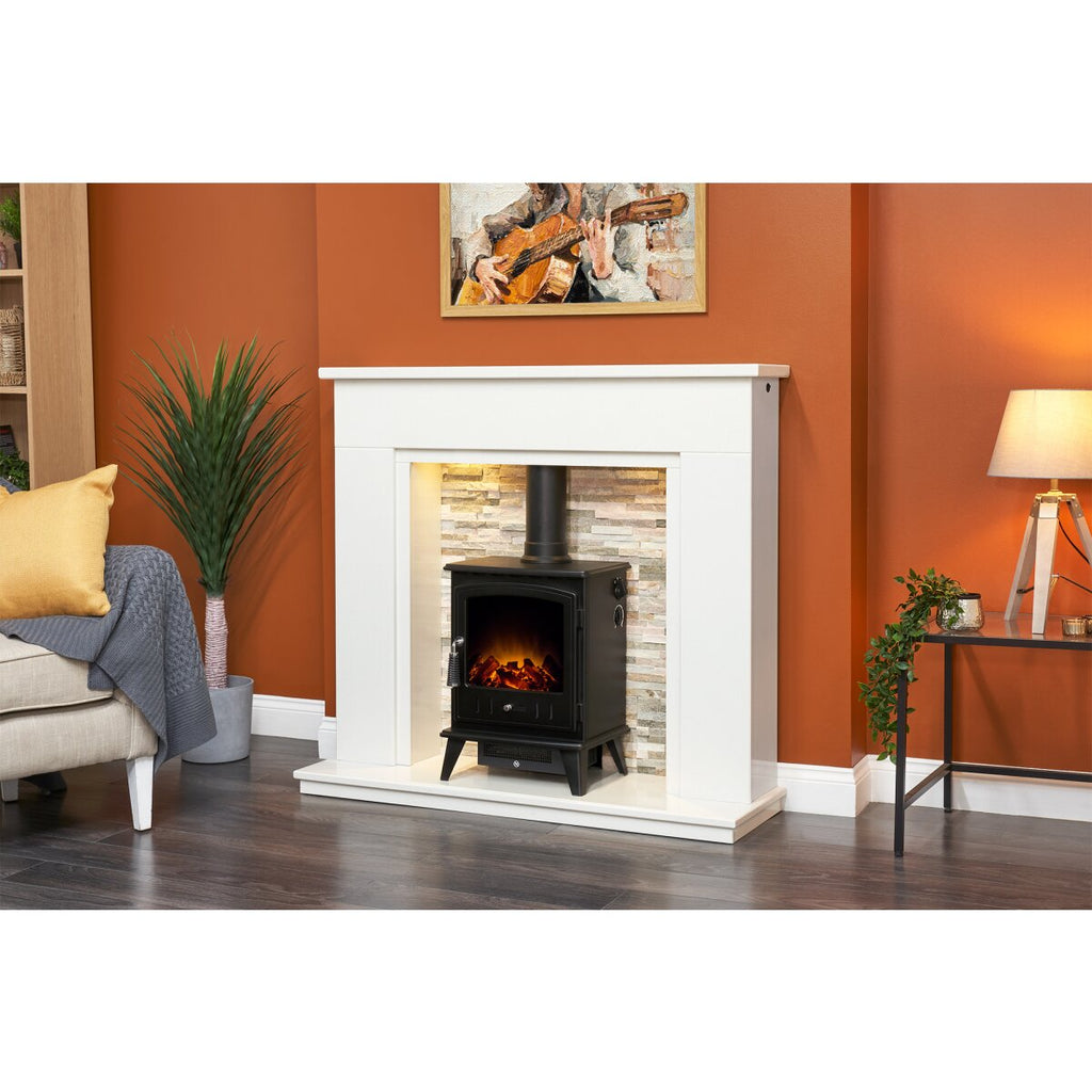 Acantha Amalfi White Marble Stove Fireplace with Downlights, 48 Inch, image 8
