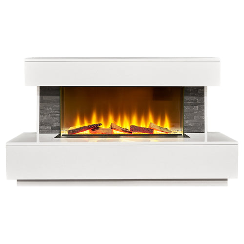 Acantha Aspen 50 inch white marble and slate electric fireplace suite with the fire lit
