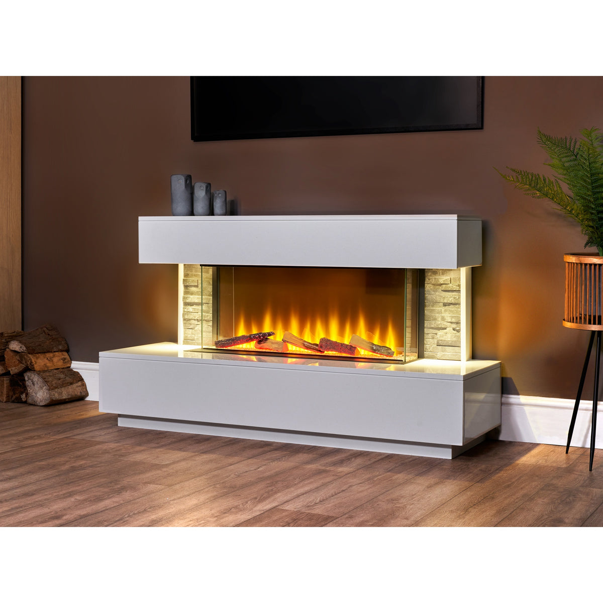 Acantha Aspen 50 inch electric fireplace suite seen from an angle in a living room