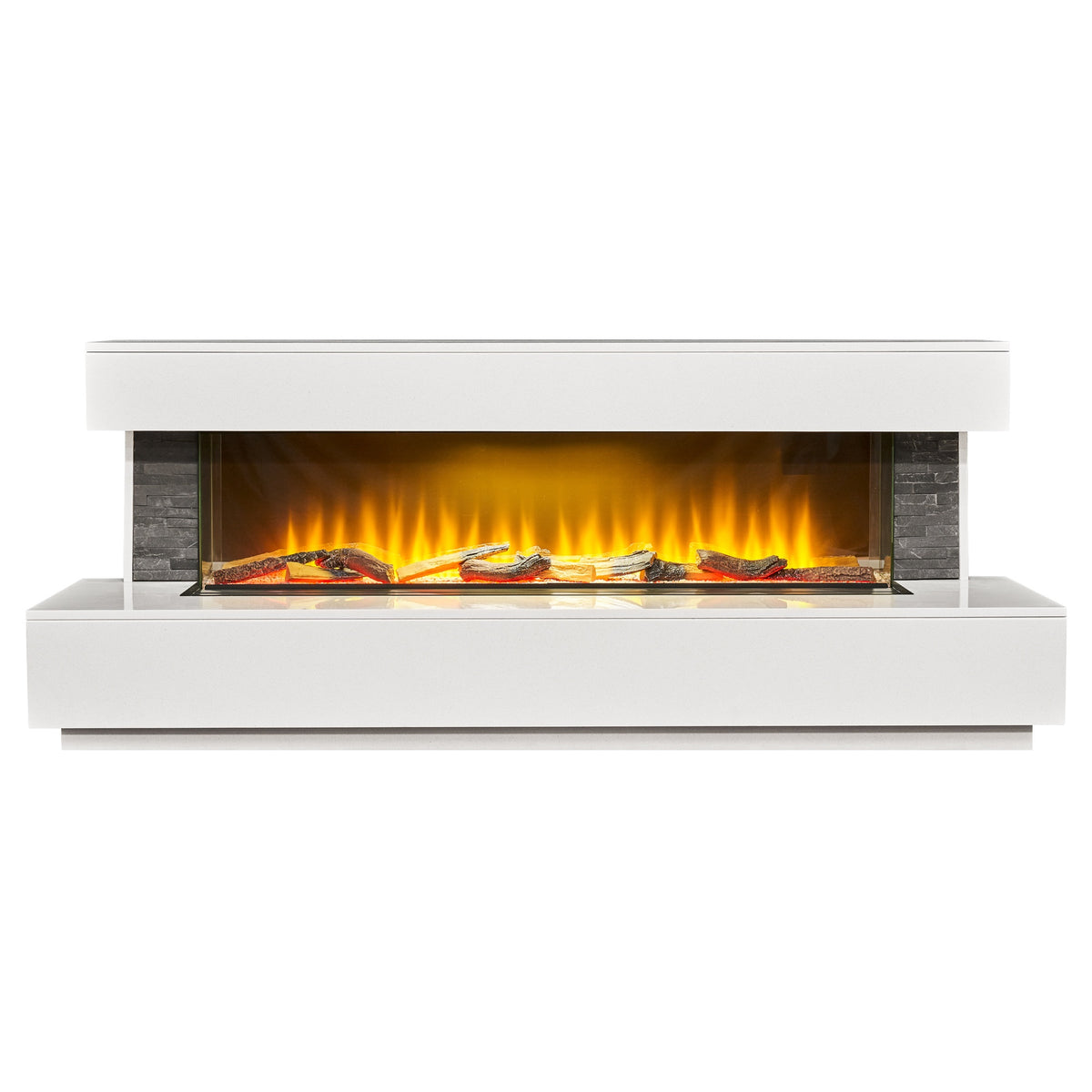 Acantha Aspen 69 inch white marble and slate electric fireplace suite with the fire lit