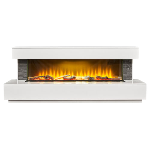 Acantha Aspen 69 inch white marble and slate electric fireplace suite with the fire lit
