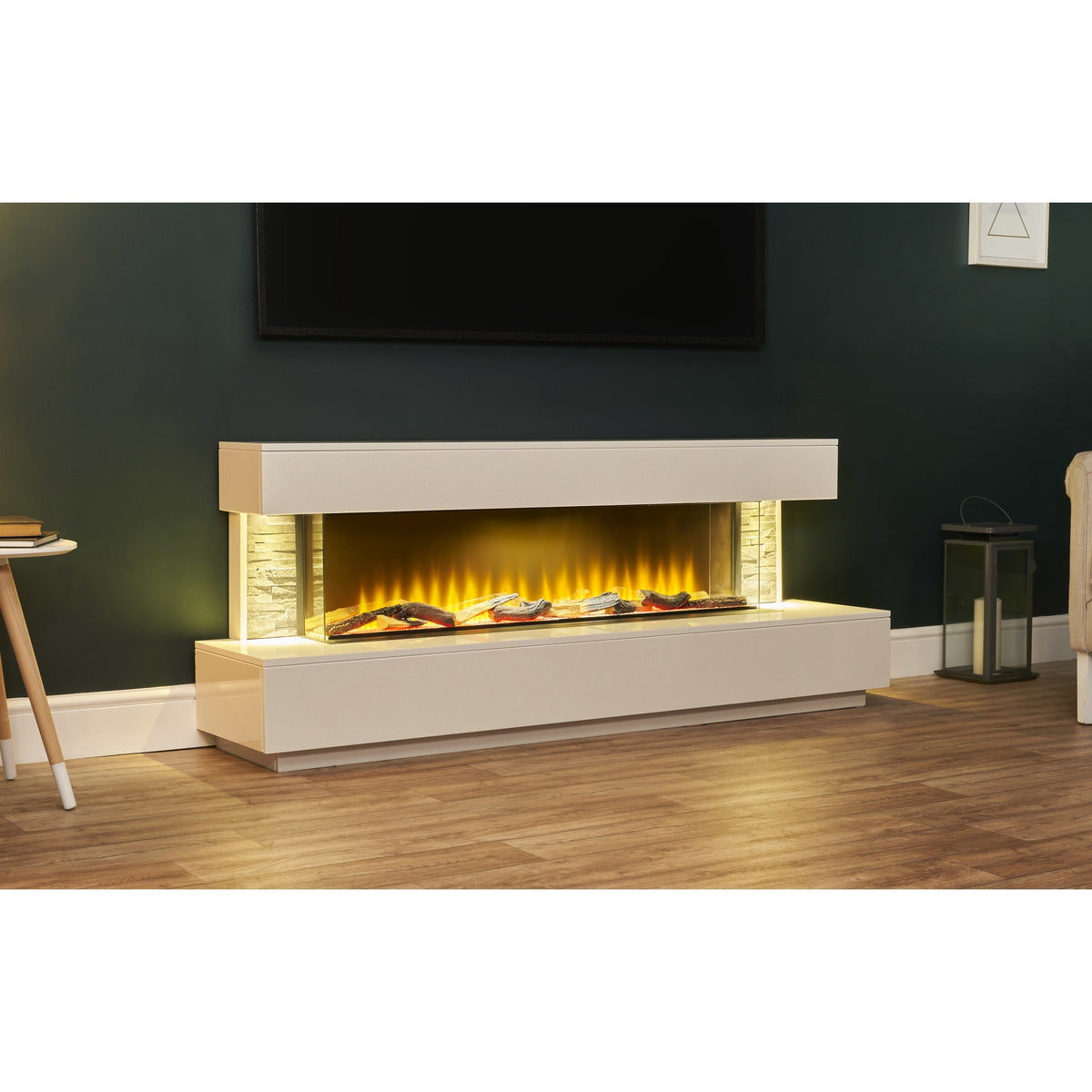 Acantha Aspen 69 inch electric fireplace suite seen from an angle below a wall-mounted TV