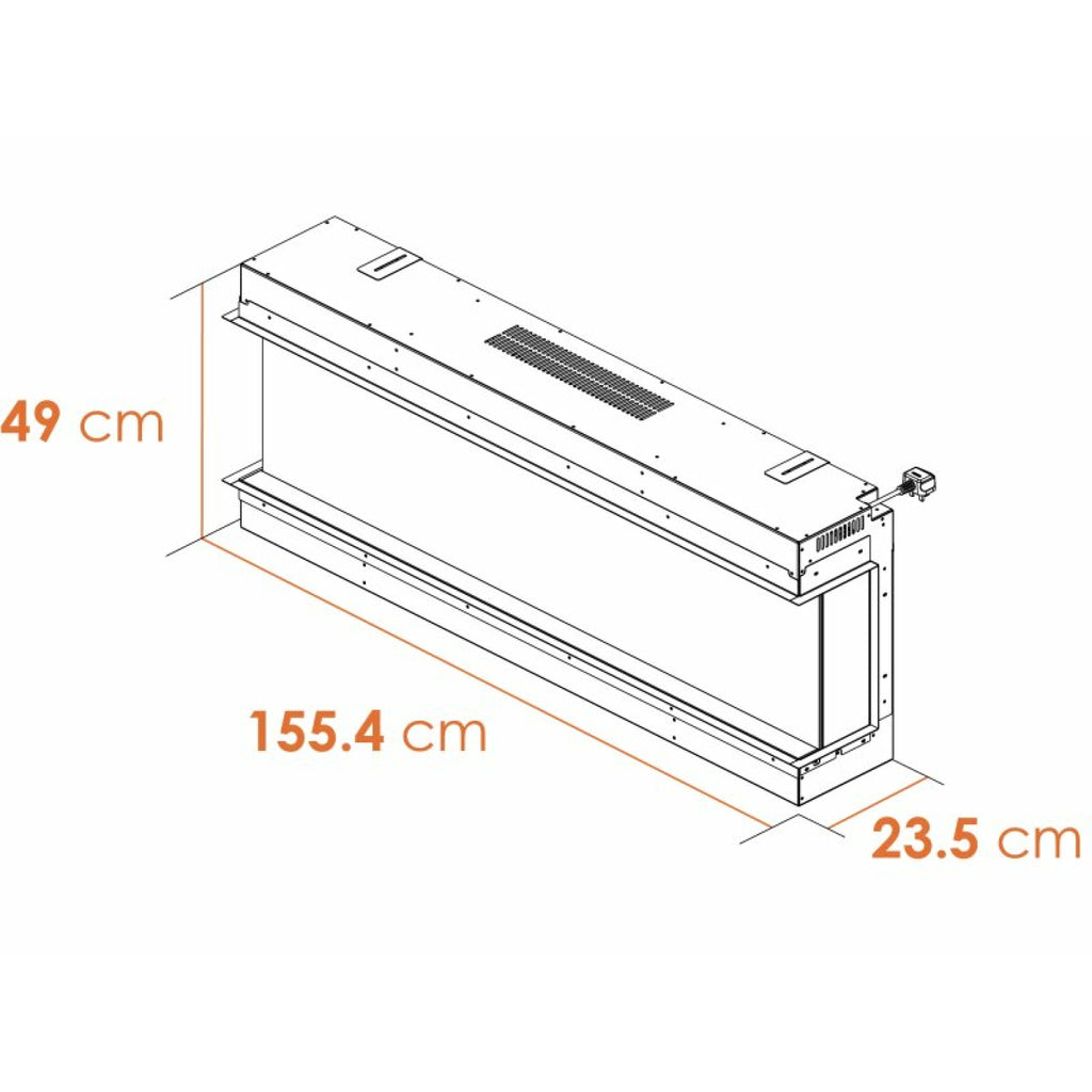 Acantha Aspire 150 corner view fire dimension diagram: 49 x 155.4 x 23.5 cm