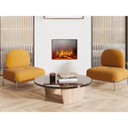 Acantha Aspire 50 SQ electric fire set into a living room wall between two armchairs