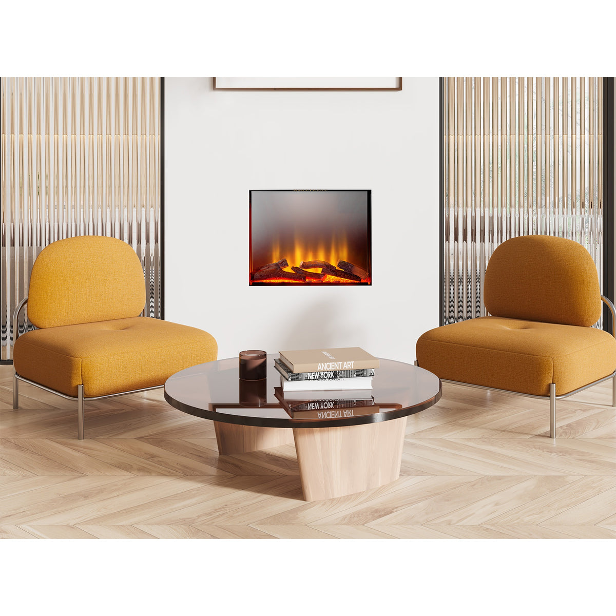 Acantha Aspire 50 SQ electric fire set into a living room wall between two armchairs