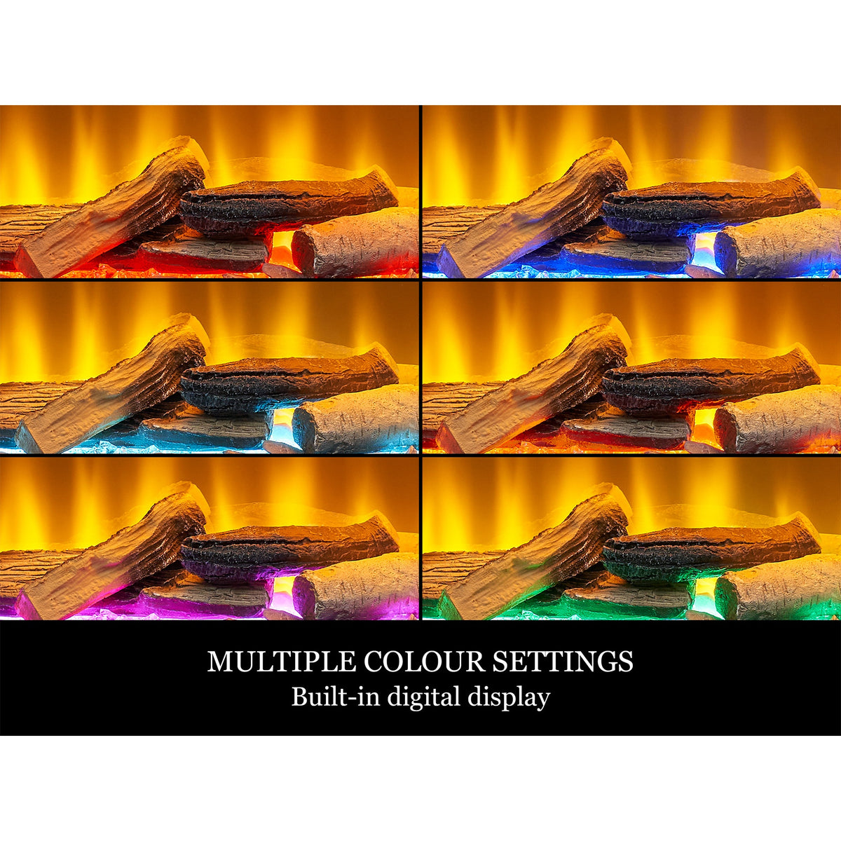 Acantha Aspire 50 SQ log fuel bed lit in different colour settings