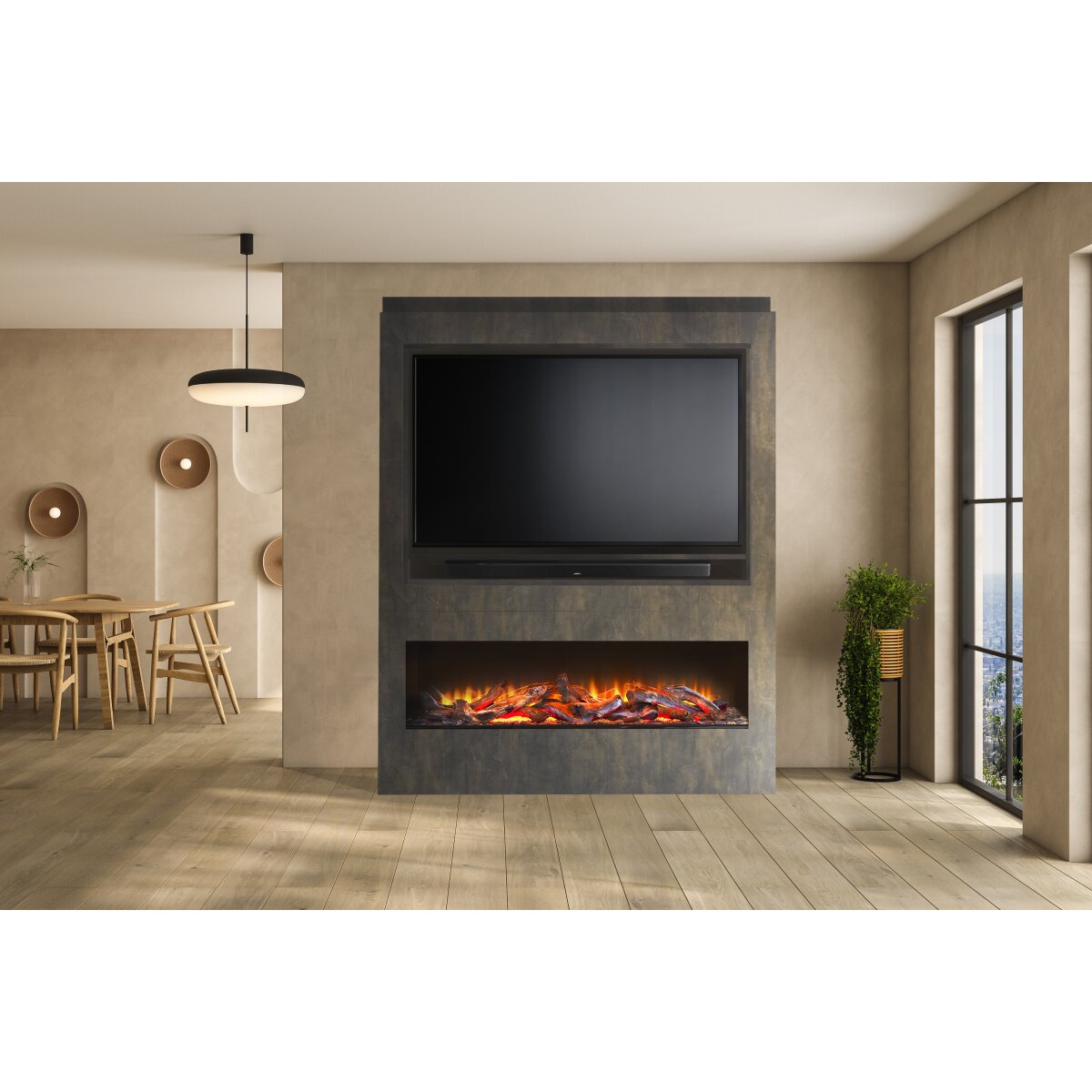Acantha Athena Pre-Built Media Wall with TV and Media Recess, Bronze Venetian Plaster Effect