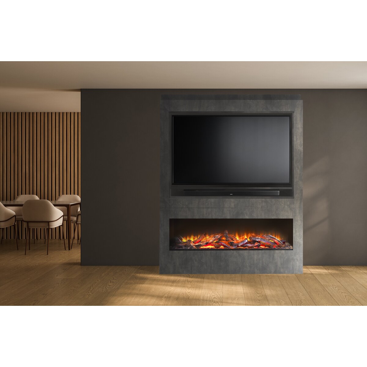 Acantha Athena Pre-Built Media Wall with TV and Media Recess, Slate Venetian Plaster Effect